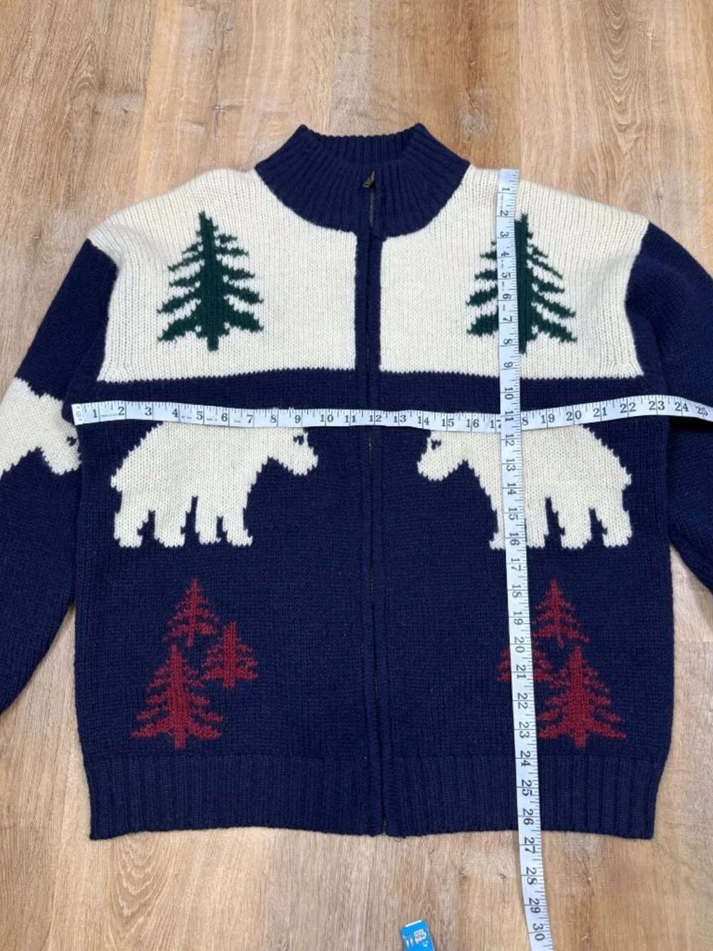 Vintage 90s Lands’ End Mens Wool Full Zip Sweater XL Nordic Bear Trees Navy Ivor